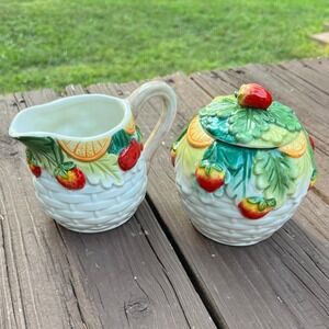 Corner Ruby Tropical Fruit Collection Creamer and Sugar Bowl Set‎ Hand Painted